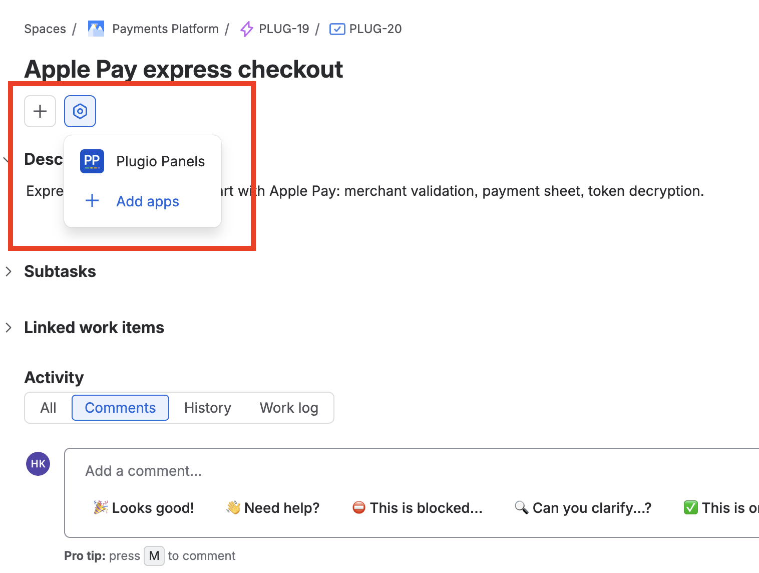 The Apps button on a Jira work item with Plugio Panels in the list