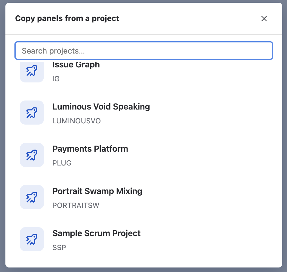 The Copy panels from a project modal with a project list