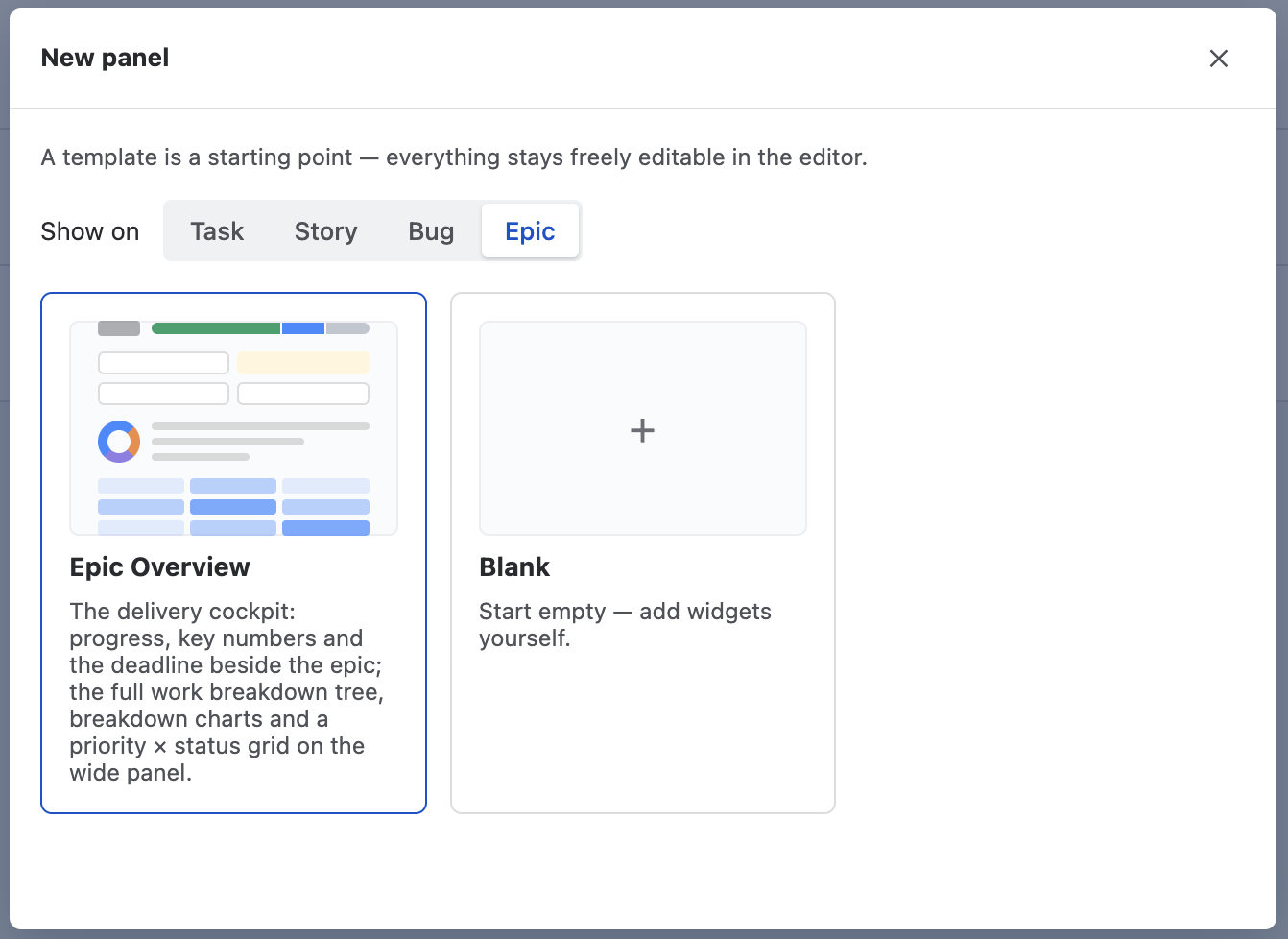New panel template gallery with the Show on target selector