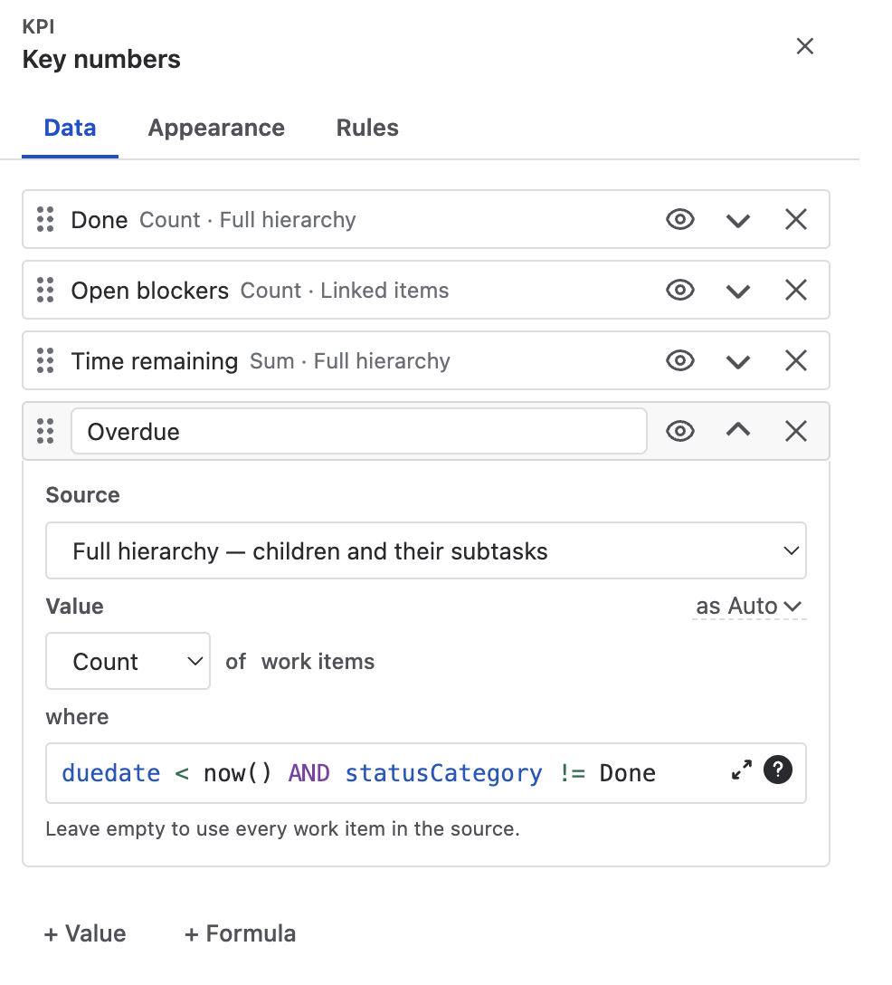 The KPI values editor with one value expanded