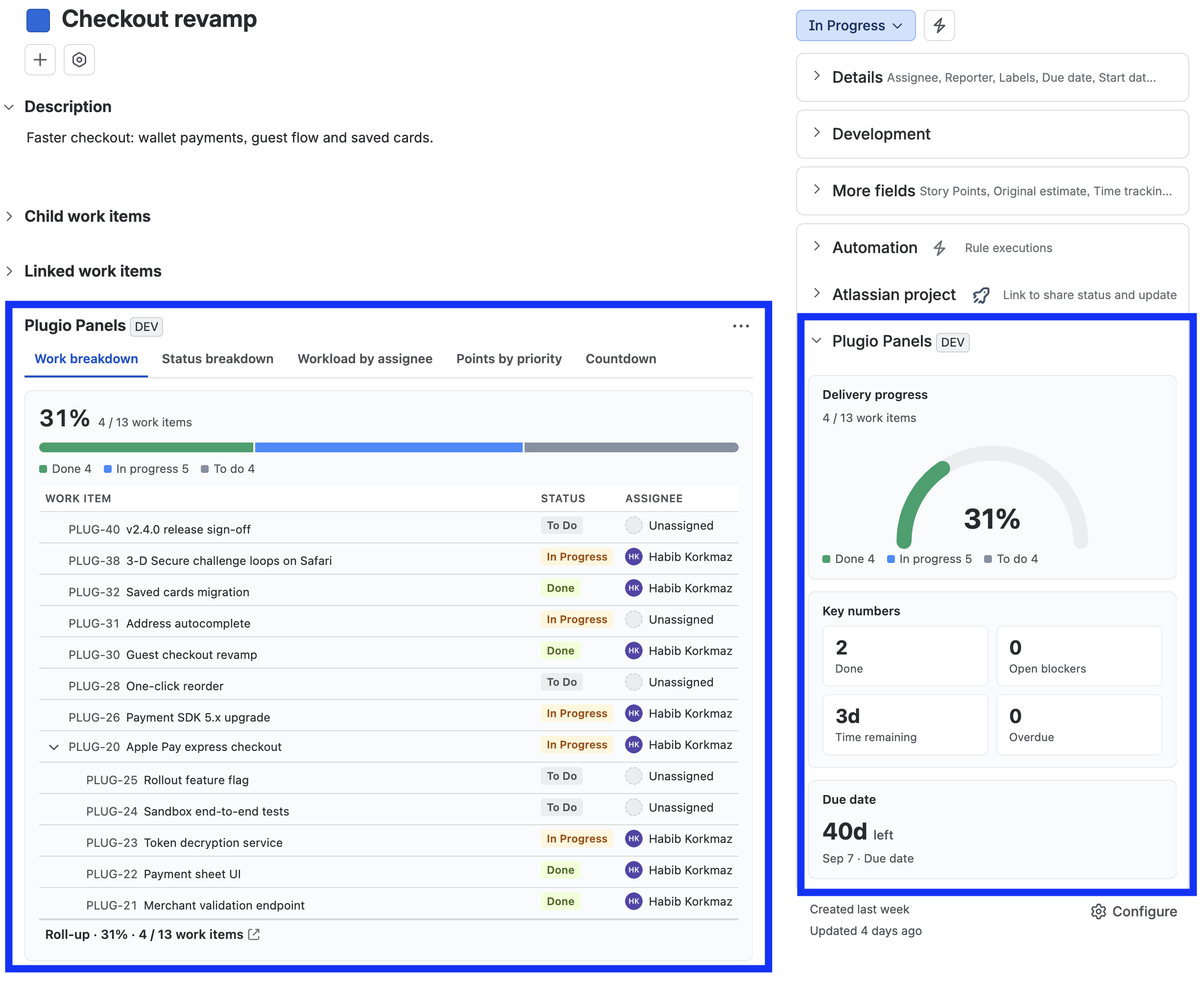 A Jira work item with the Plugio Panels sidebar and wide panel