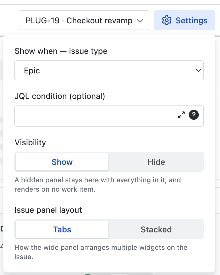 The panel settings popup