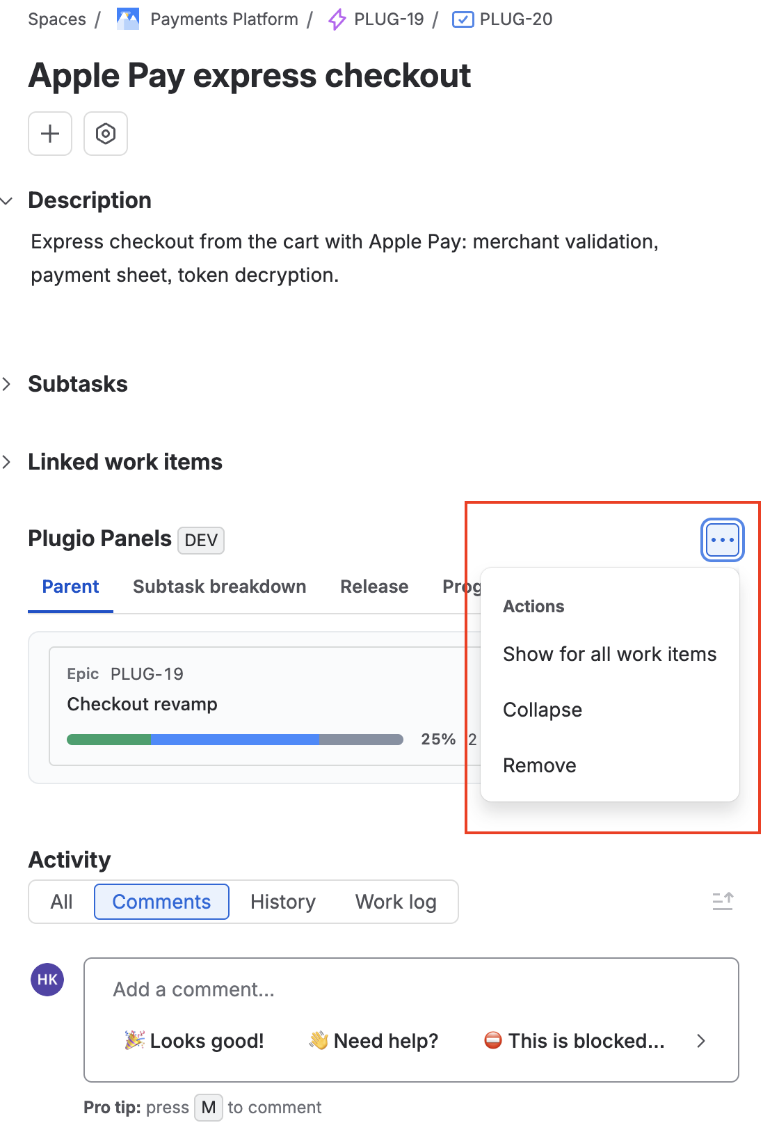 The panel's ••• menu with Show for all work items highlighted