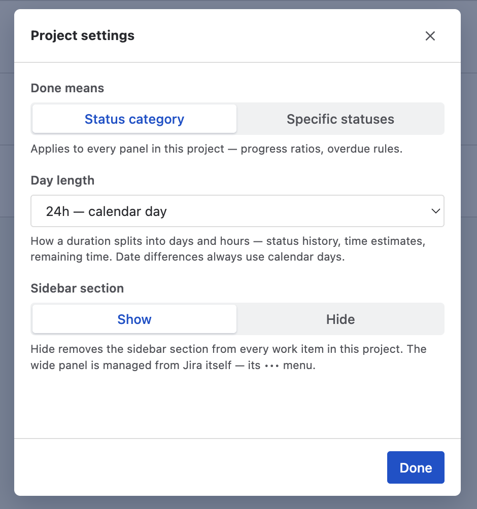 The Project settings modal: Done means, Day length, Sidebar section