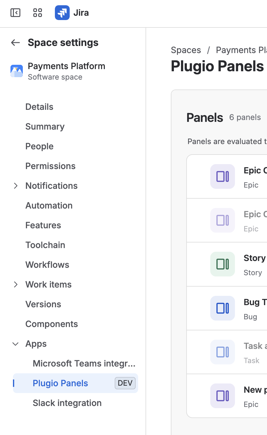 Project settings → Apps → Plugio Panels in the Jira left navigation
