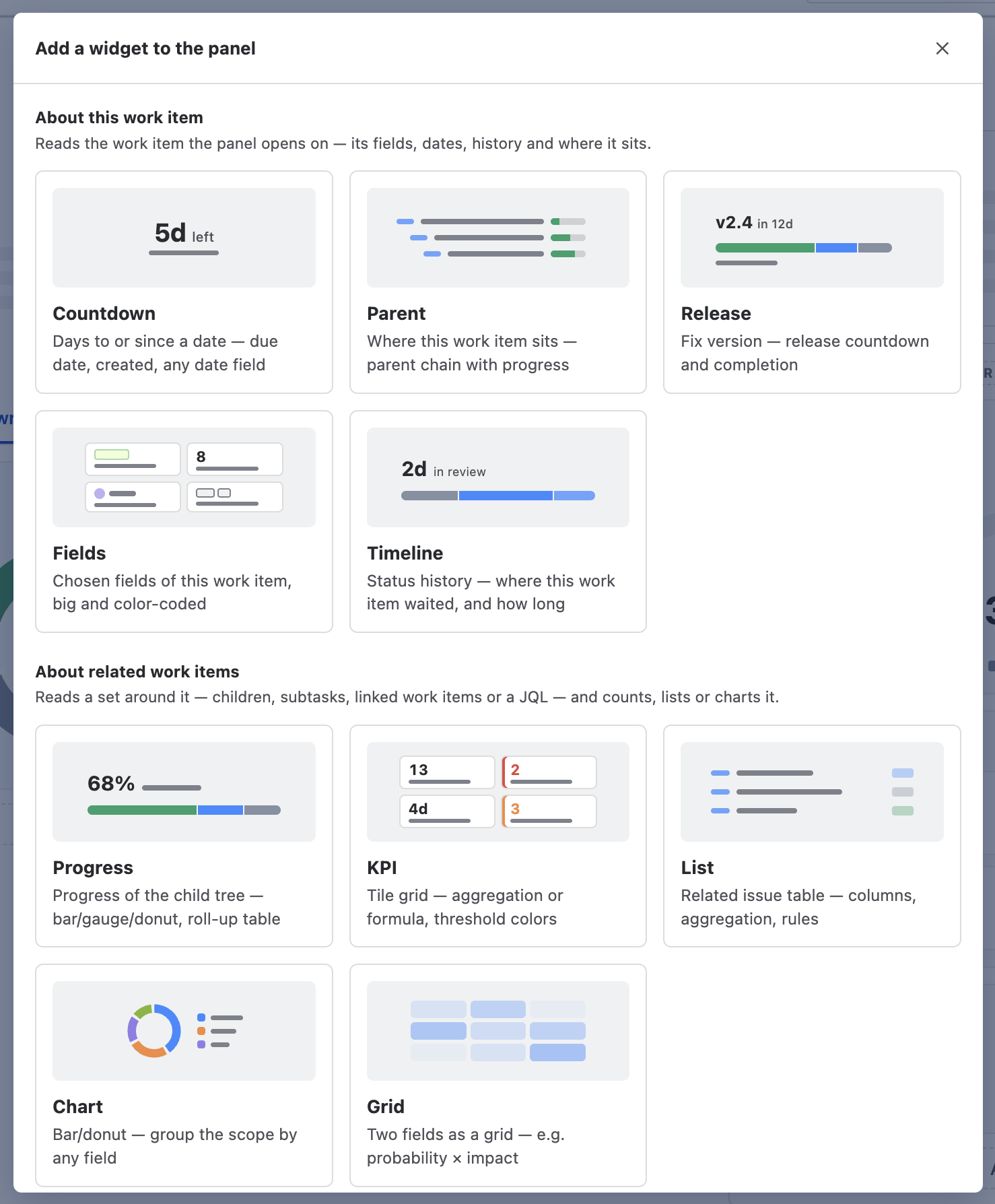 The Add widget picker grouped into two families