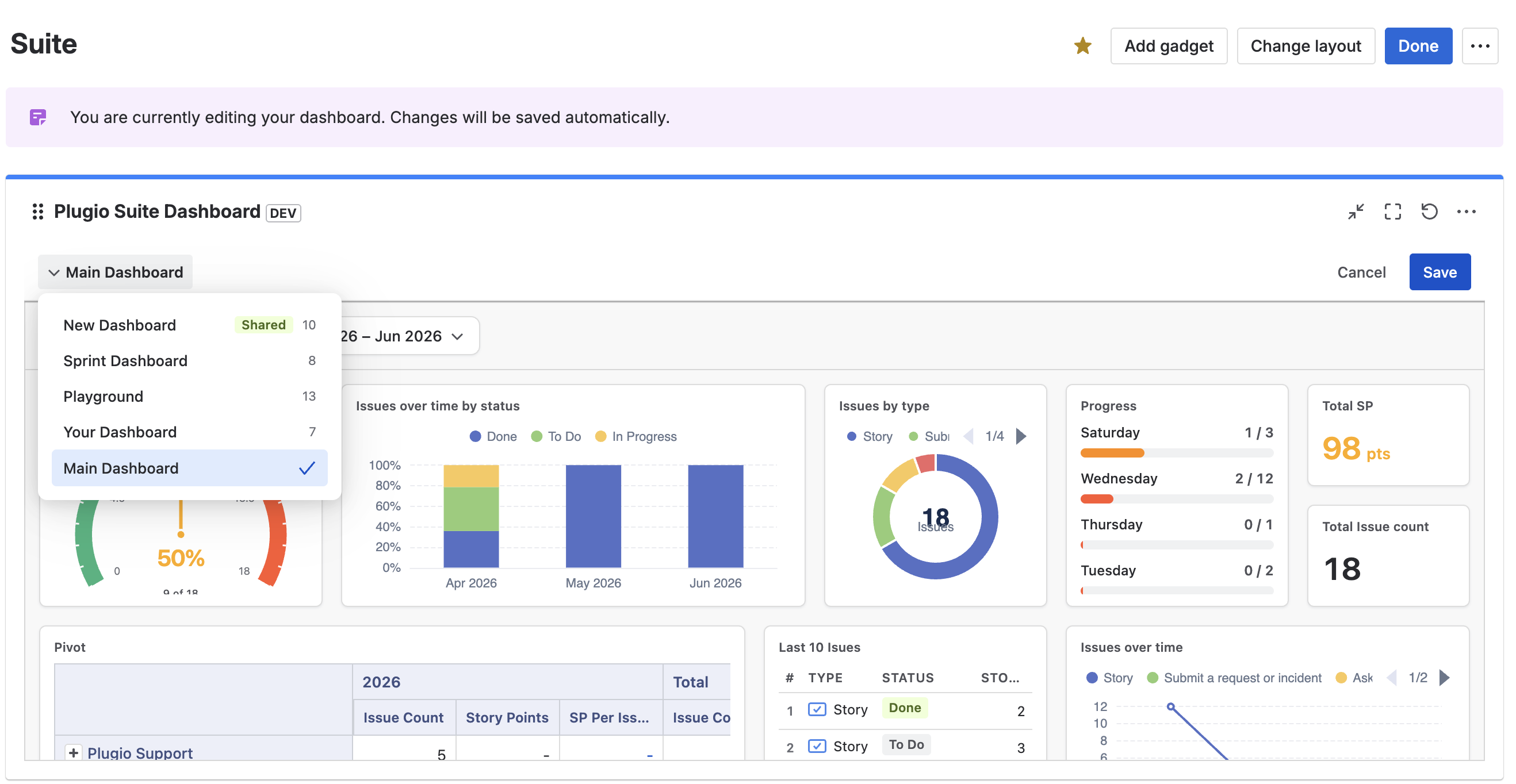 Gadget edit mode with dashboard picker and live preview