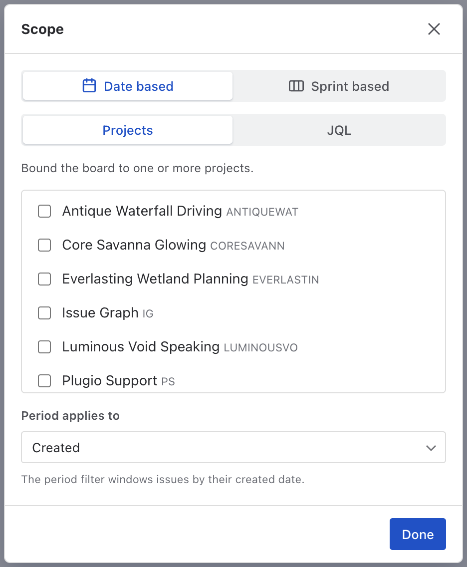 Scope dialog with Date based / Sprint based fork